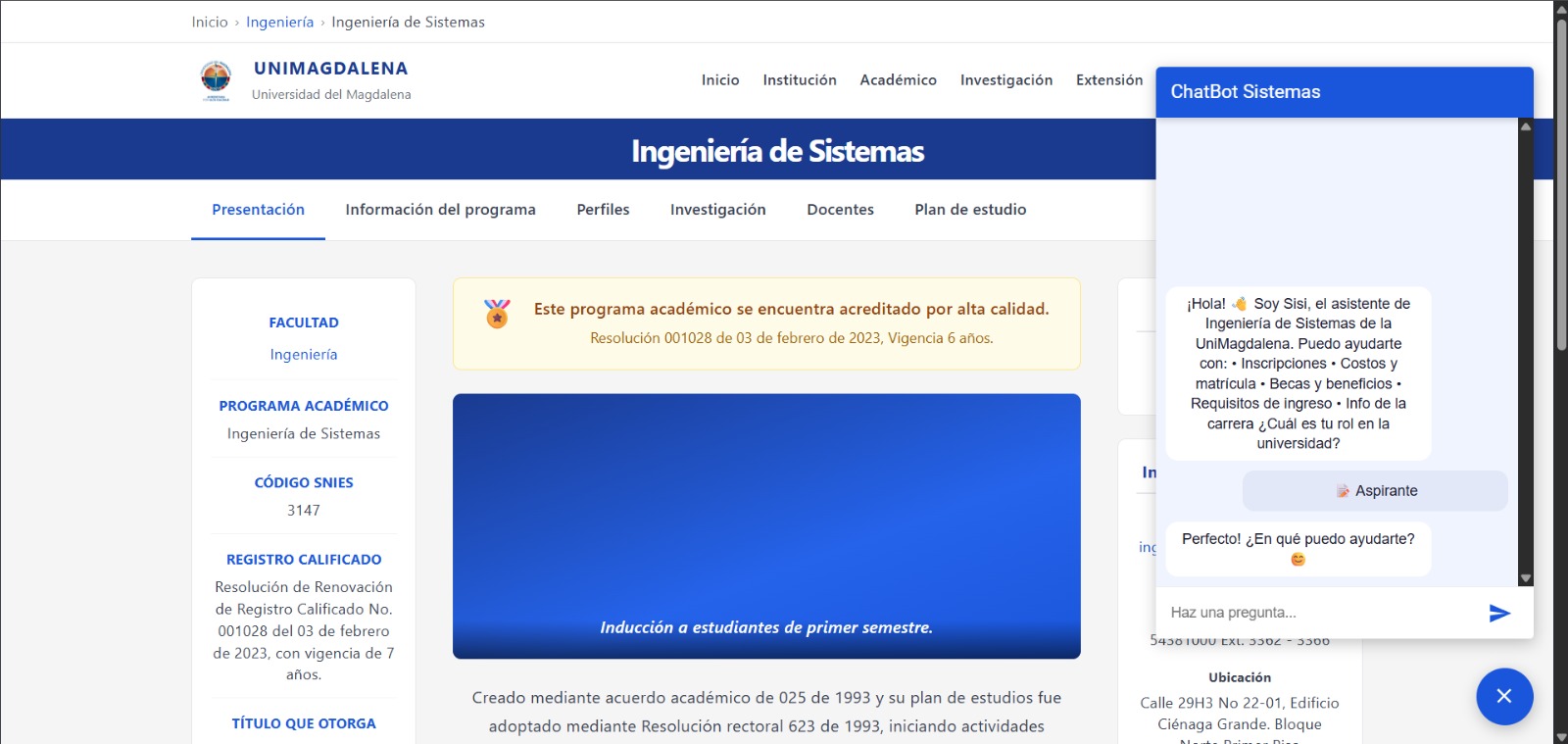 Chatbot de Ingeniería de Sistemas de Unimagdalena